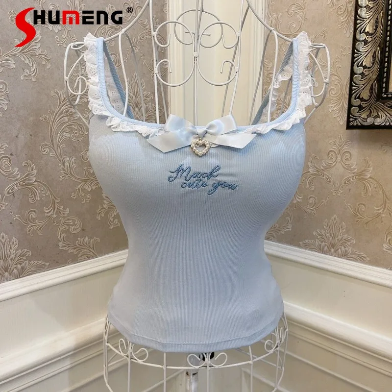 

Milk Sweet Girl Japanese Bow Letter Embroidery Lace Edge Skinny Slim Fit Navel Short Top With Chest Pad Suspender Vest For Women