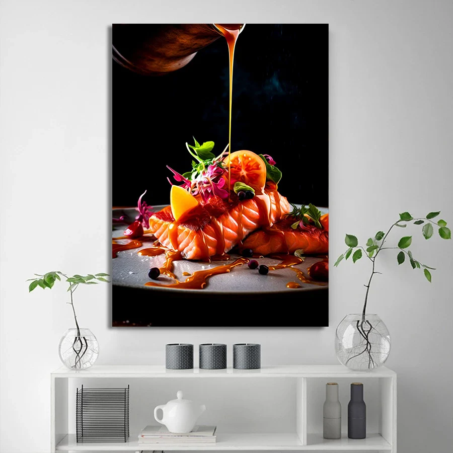 Western Food Hamburger Steak Chips Salmon French Fries Dessert Poster Canvas Painting Wall Art Pictures Kitchen Restaurant Decor view 4