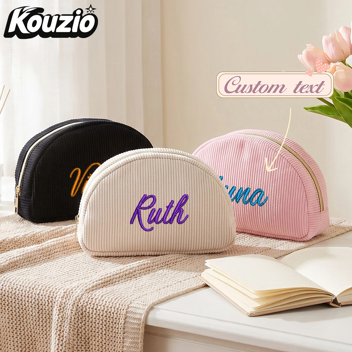 Custom Name Embroidered Corduroy Shell Makeup Bag, Personalized Zipper Cosmetic Pouch, Travel Organizer Gift for Women Girls