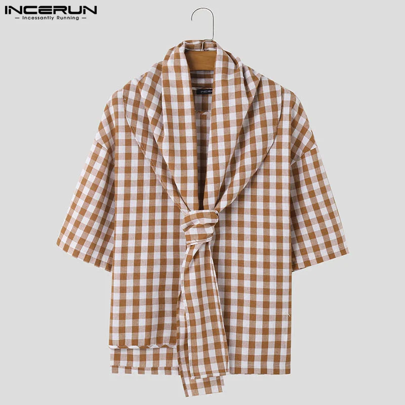 INCERUN Men T Shirt Plaid Lapel Short Sleeve Tie Up Casual Men Clothing Summer Streetwear 2024 Fashion Leisure Tee Tops S-5XL