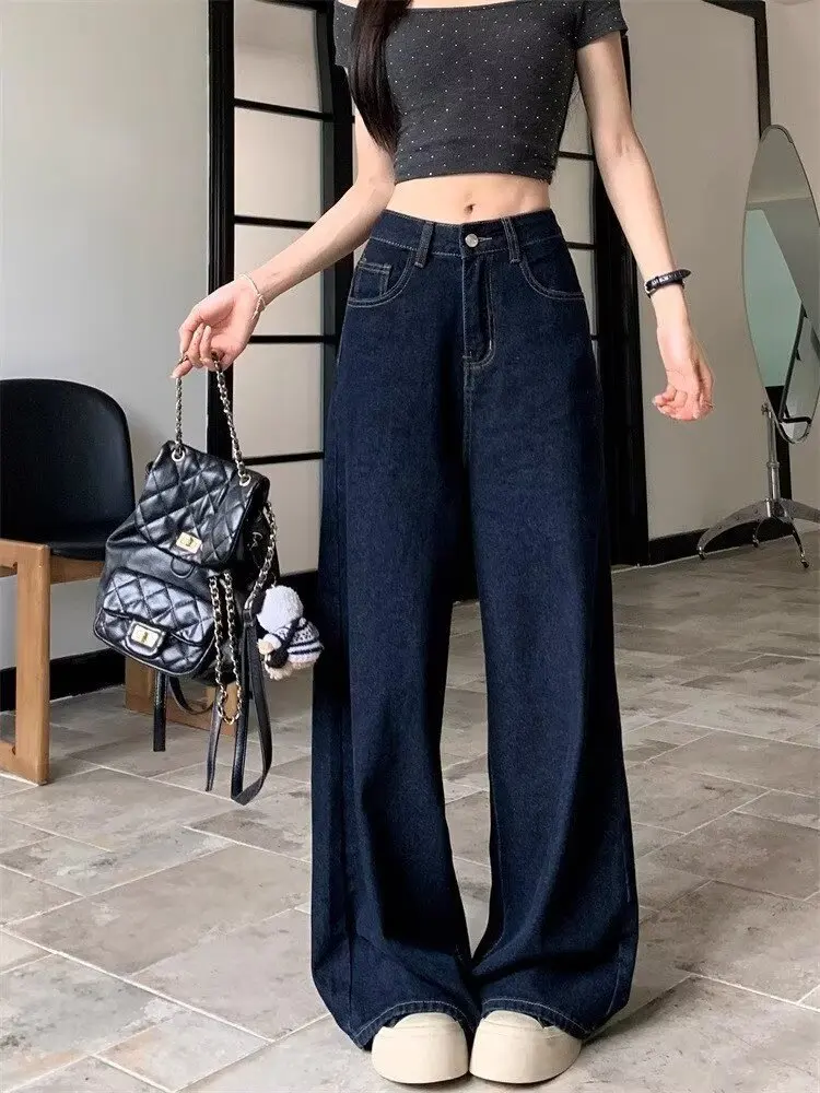 

Dark Blue Straight Jeans Women's Autumn New High Waist Petite Loose Slimming Pear Shapes Wide-Leg Pants