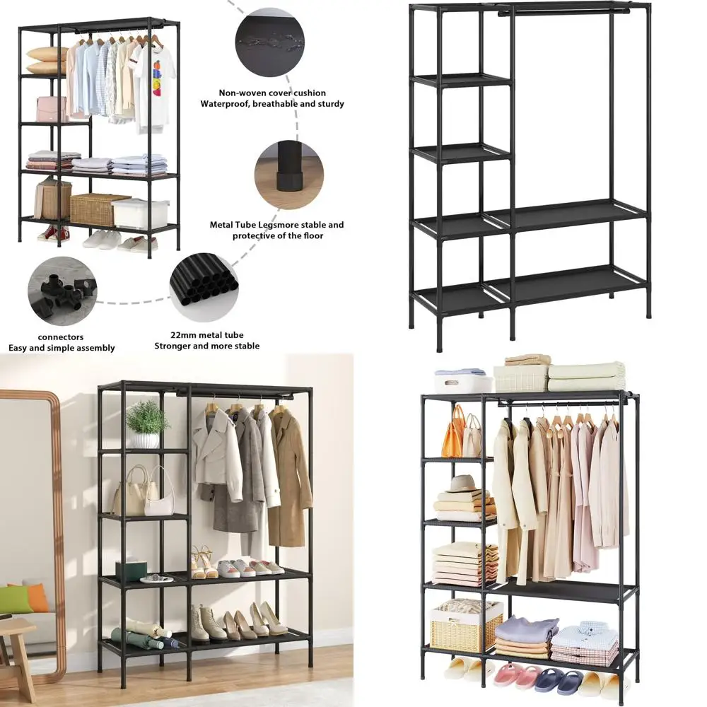 

Компактный портативный шкаф с вешалками и полками, быстрая сборка, идеально подходит для прихожих, спален и гостиных, черный