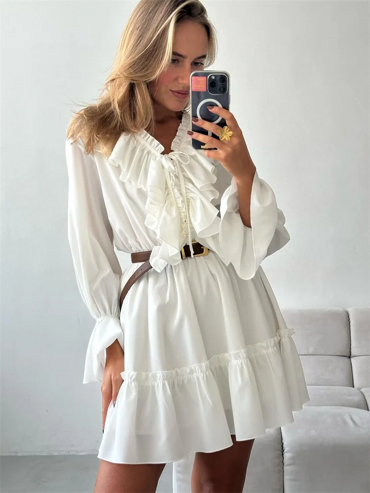 

Ruffled V-Neck White Mini Dress Female Patchwork Long Sleeve Elegant Bandage Fashion Dresses High Waist Lace-Up Women Dress