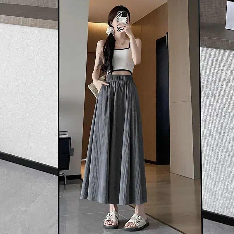 

Women Korean Pleaded Skirt New Summer High Waist Loose Jupe Fashion Elastic Waist A-line Faldas Lady Office Swing Skirt