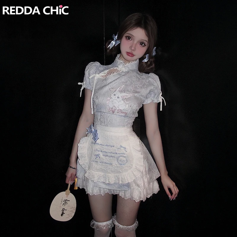 

REDDACHiC Lolita Women Bowknot Apron Mini Dress Set Rabbit Jacquard Lace Trim Puff Sleeves Lolita Dress Maid Cosplay Costumes