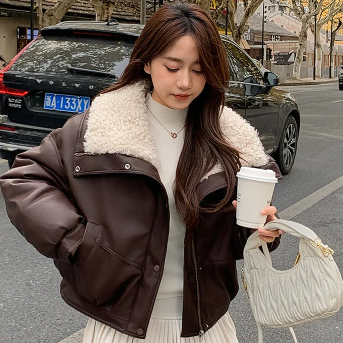 Women Parkas Short Coats Lamb Wool Turn Down Collar Jackets Thick Warm Y2k Streetwear Elegant Work Coat Autumn Winter 2025
