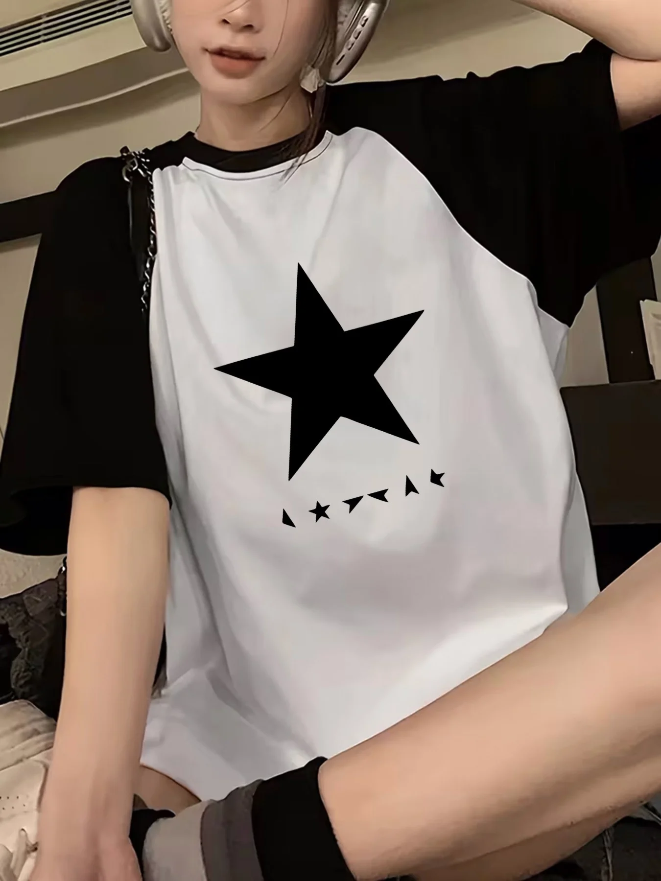 Damen Y2K Vintage Kurzarm-T-Shirt Klassischer Fünfzackiger Stern-Print Lässiges Rundhals-T-Shirt 90er Jahre Grafik-T-Shirt Kleidung