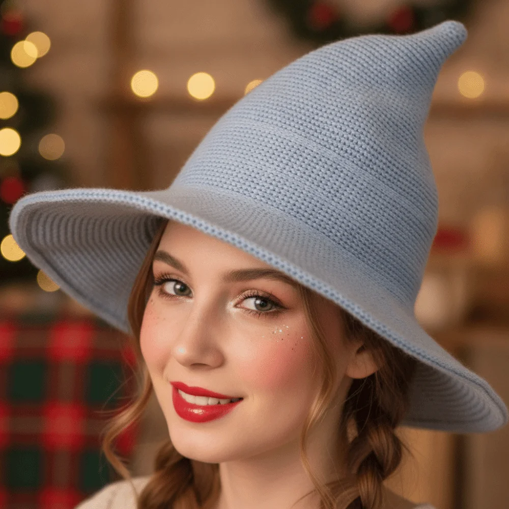Cosplay Headpiece Knitted Witch Hat Pointed Top Solid Color Wizard Cap Wide Brim Flexible Shape Pointed Bonnet Costume Cosplay