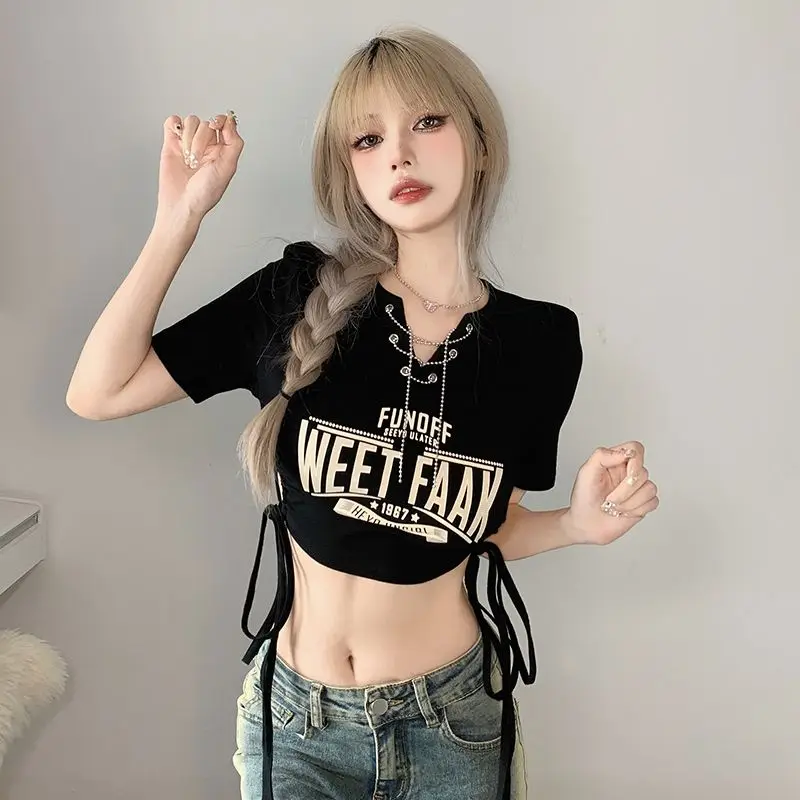 Hikigawa Chic Fashion Women Summer Vintage Chain V Neck Drawstring Slim Waist Letter Print T-Shirt Streetwear Y2k Crop Top Mujer