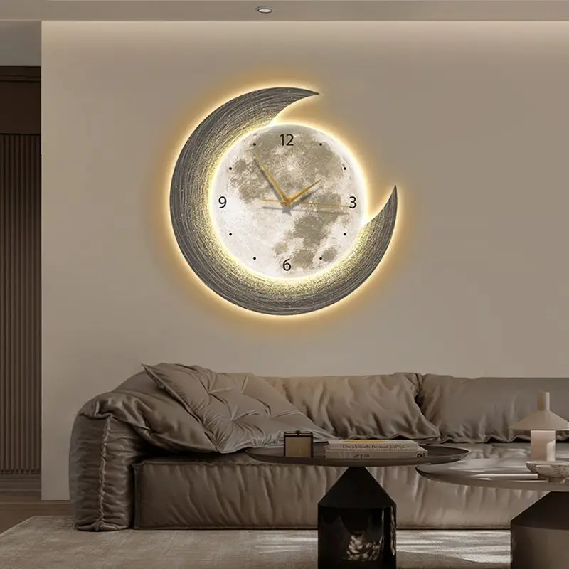 Modern light luxury living room wall clock restaurant moon decoration painting creative clock wall light dining room hanging pai