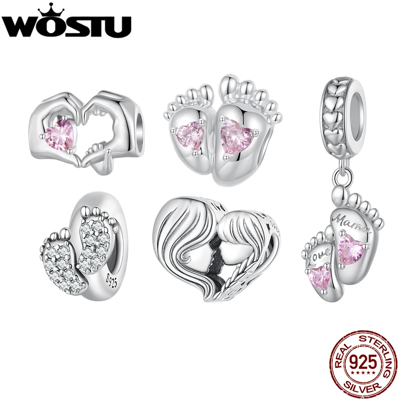 WOSTU 925 Sterling Silver Love Pink Footprint Charm Pendant Mother Daughter Heart Beads Fit DIY Bracelet Necklace Gift For Mom