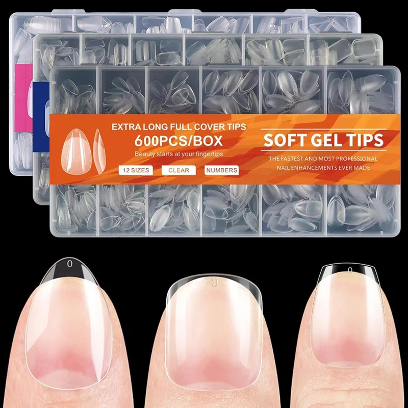 600Pcs Soft Gel False Nail Tips XS Short Square Coffin Almond Artificial Press On Fake Nails Extension X Capsule Manicure Tools