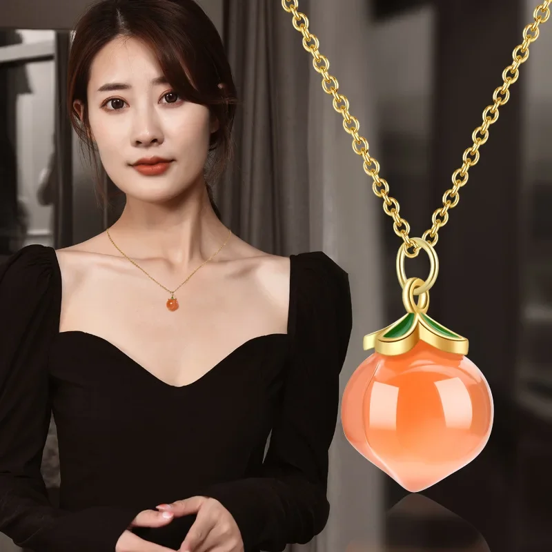 Nuovissima collana di frutta in agata di caramelle con sorgente di sale naturale, ciondolo da donna, ciondolo color pesca, catena con clavicola in acciaio al titanio