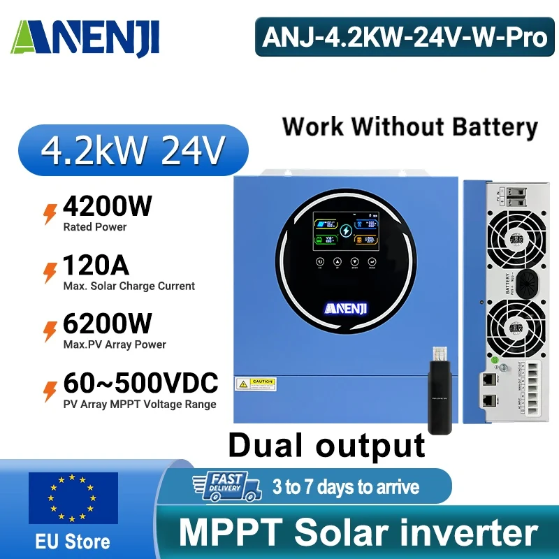 ANENJI 4,2 kW Hybrid-Solarwechselrichter mit zwei Ausgängen, 24 V, 120 A MPPT, reiner Sinuswellen-Solarregler, LCD-Display, PV 500 VDC, mit WLAN