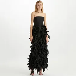 Strapless Satin Dress Black Straight Women Dress Splicing Dress With Bow Ever Pretty Gown Ankle Length Long Dresses For Parrt