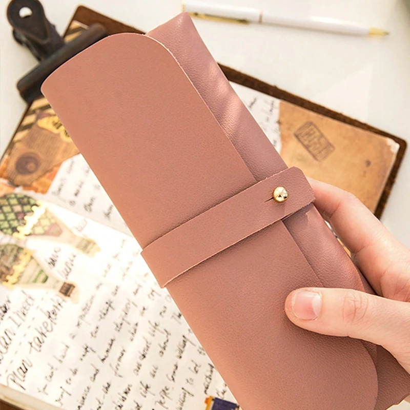 1pc Simple  Pen Holder PU Leather Pencil Bag  Vintage Style Roll Pencil Case Pencil Bag School Office Supplies