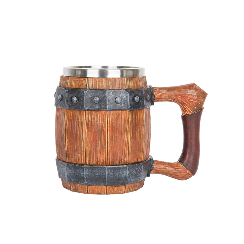 Viking Retro Beer Mug Resin 304 Stainless Steel Imitation Wood Coffee Cup Double Wall Mug Beer Jug Water Cup Barware Men's Gift - view 6