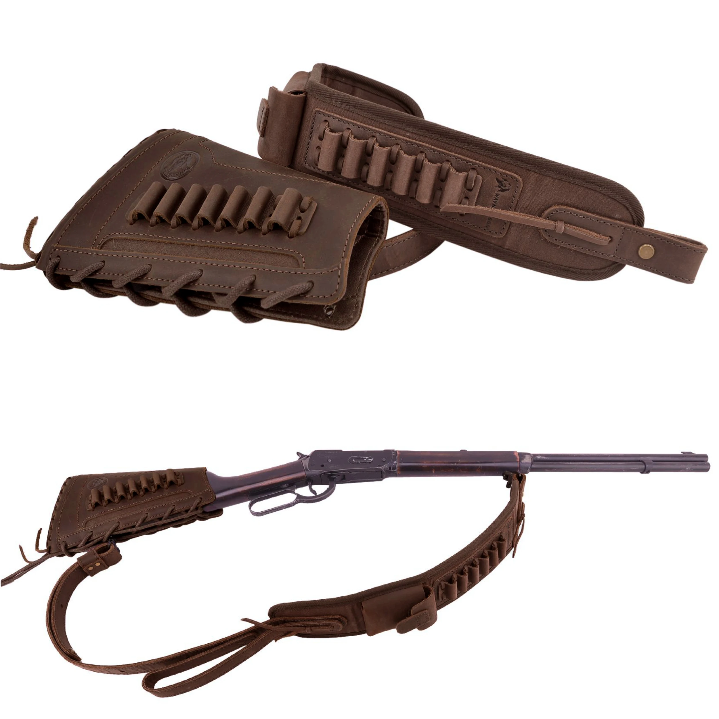 

Leather Rifle Shoulder Strap / Gun Recoil Buttstock / Gun Stock Cover With Rife Ammo Holder Sling .357 .30-30 For Righty Hunter