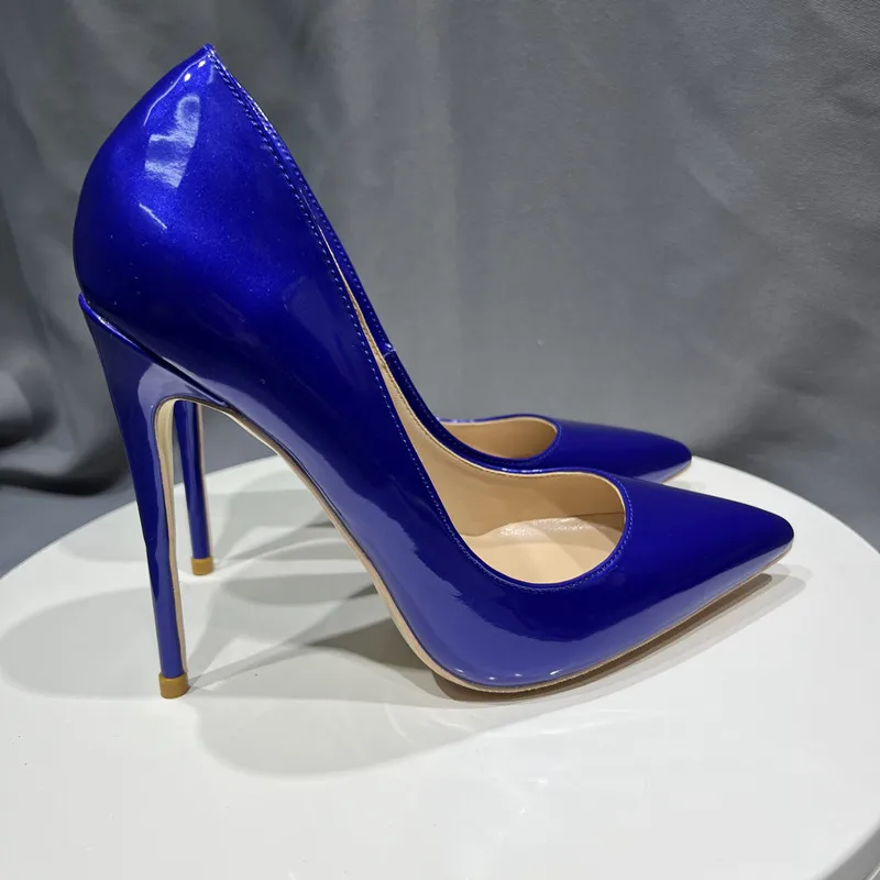 Tikicup Shiny Blue Women Patent Leather Pointy Toe High Heel Shoes for Evening Dress Formal Slip On Fashion Lady Stiletto Pumps