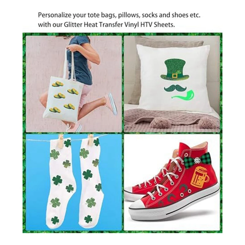 Christmas Heat Transfer Vinyl, 8 Sheets Green Glitter Plaidpattern Iron On Vinyl, Film Heat Press HTV Vinyl For DIY Durable