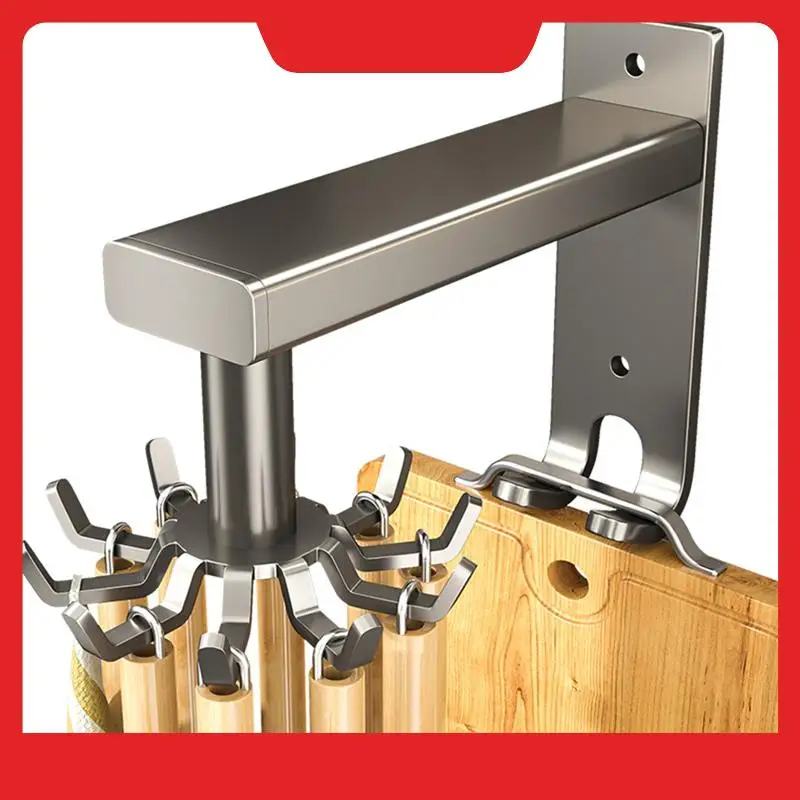 Wall-Mounted Kitchen Rotary Hook Rack,Aluminum Storage Hanger With 8 Hooks,No-Hole Punching Installation,Space-Saving
