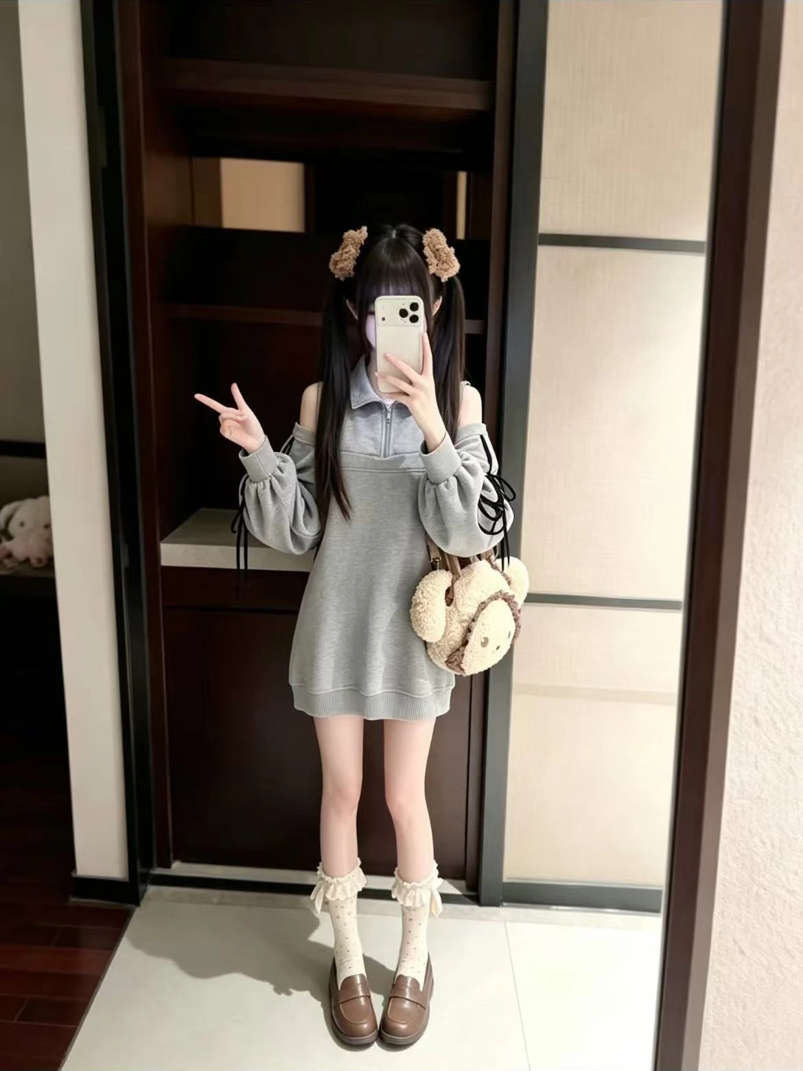 Cold Shoulder Lace Up Long Sleeve Mini Dress Half Zip Polo Collar Sweatshirt Dress Y2K Alt Streetwear Loose Casual Dress