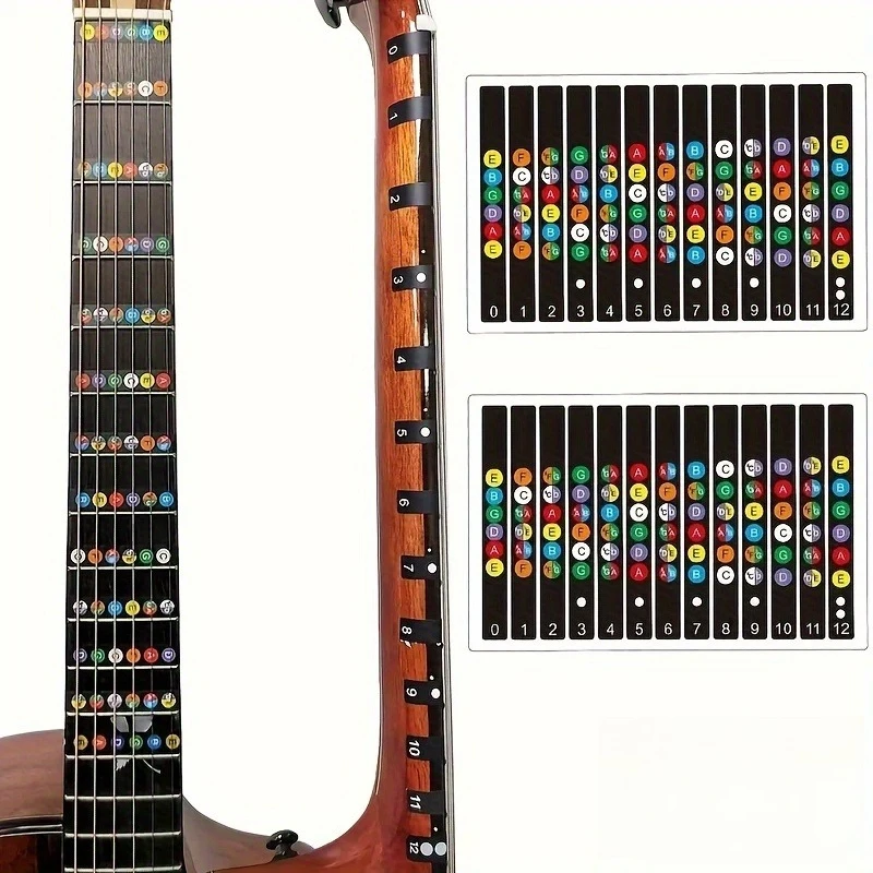 Colorful Guitar Fret Stickers, Beginner Fingerboard Note Labels with Chord Diagrams,Easy-Stick Practice Tool for Learning Guitar