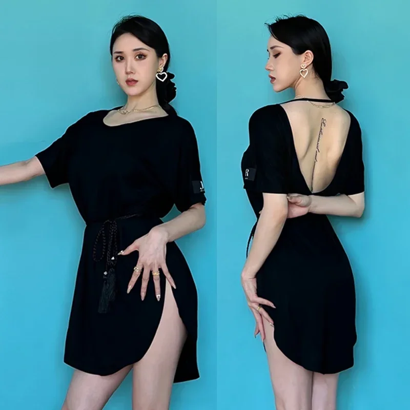 

Latin Dance Dress Black Loose Practice Dress For Women Summer Short Sleeves Backless Rumba Samba Dance Clothes Modal DNV16558
