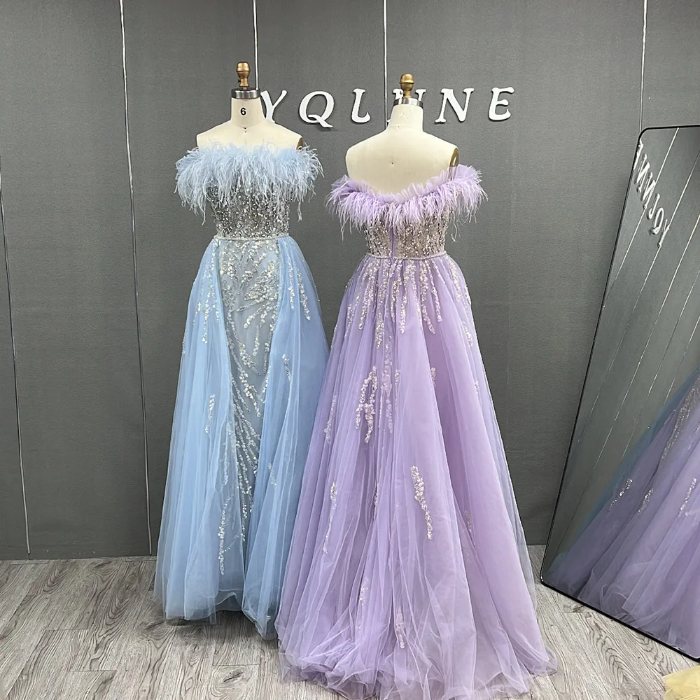 YQLNNE Blue Feathers Long Slit Evening Dresses Crystals Beaded Mermaid Tulle Party Gown