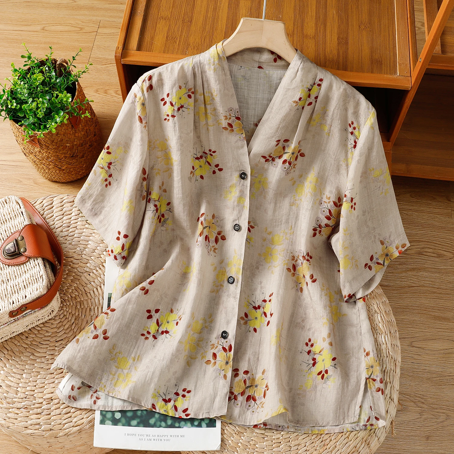 

Женские летние хлопковые льняные рубашки с цветочным принтом, блузки, винтажный кардиган на пуговицах с v-образным вырезом, повседневный свободный топ