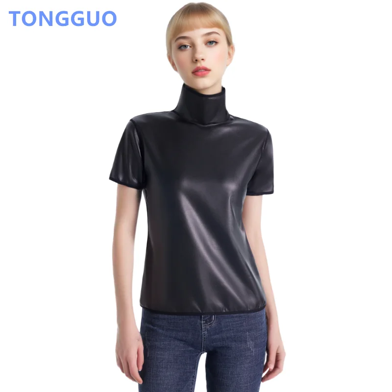 

Крутая девушка, облегающая футболка из искусственной кожи с высоким воротником и короткими рукавами, топ, формирователь талии, тонкая футболка, модная тонкая корректирующая одежда