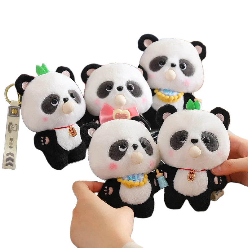 14cm Cute Panda Doll Plush Pendant Bib Bow Black And White Panda Bamboo Leaf Panda Plush Schoolbag Crossbody Bag Purse Pendant