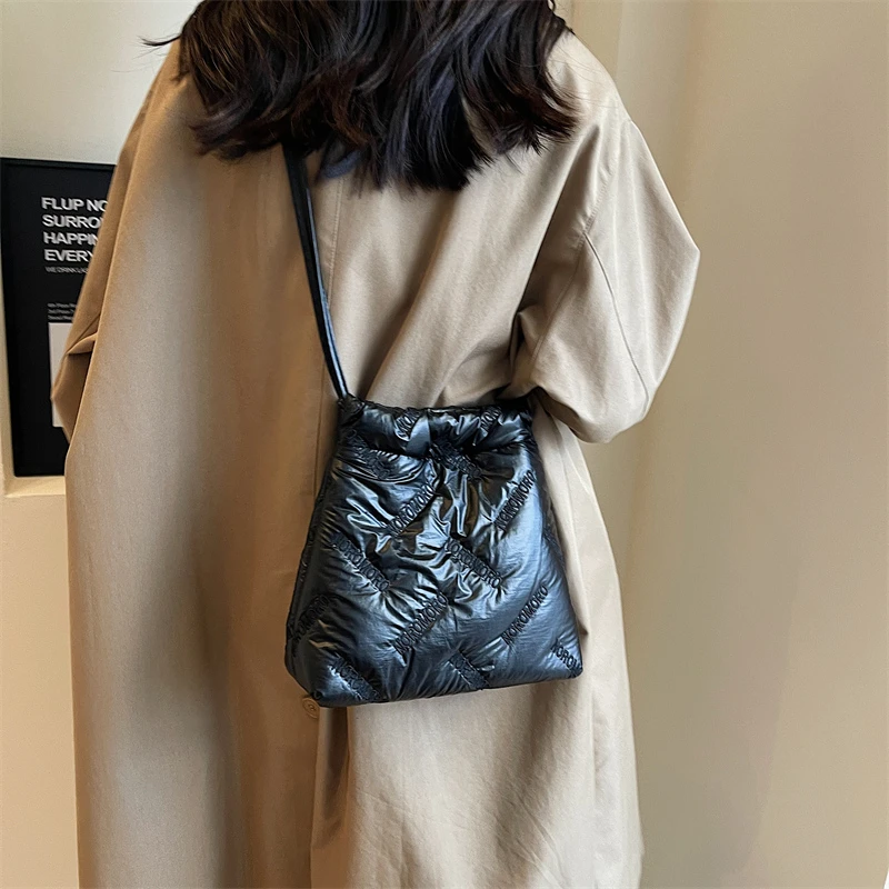 LEFTSIDE Sivler Small Casual Soft Cotton Padded Design Drawstring Crossbody Bag for Women 2023 New Korean Fashion Handbags