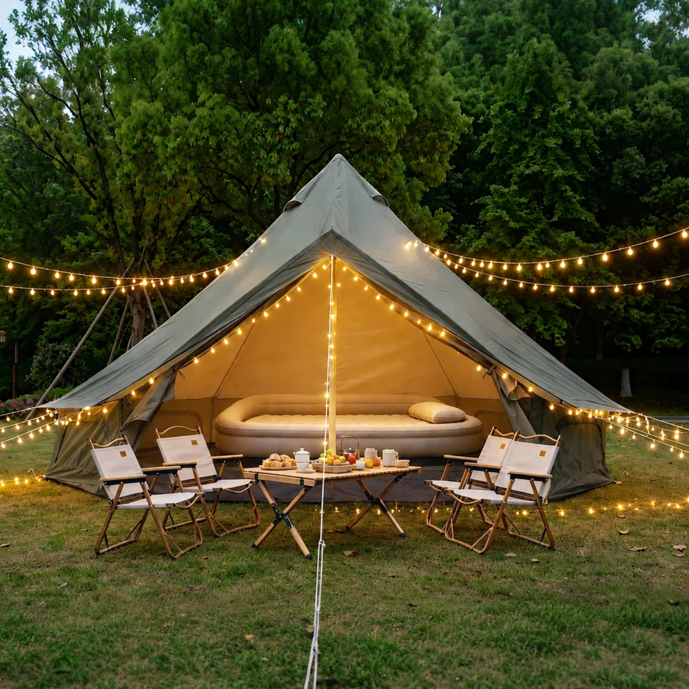 All-season Bell-shaped Oxford Green Insulated Tent, Upgraded Quality, Perfect for Family Camping - A Spacious 9.8-foot Yurt-style Tent with A Stove Chimney, A Large Luxury Camping Tent That Can Accommodate 3-4 People.