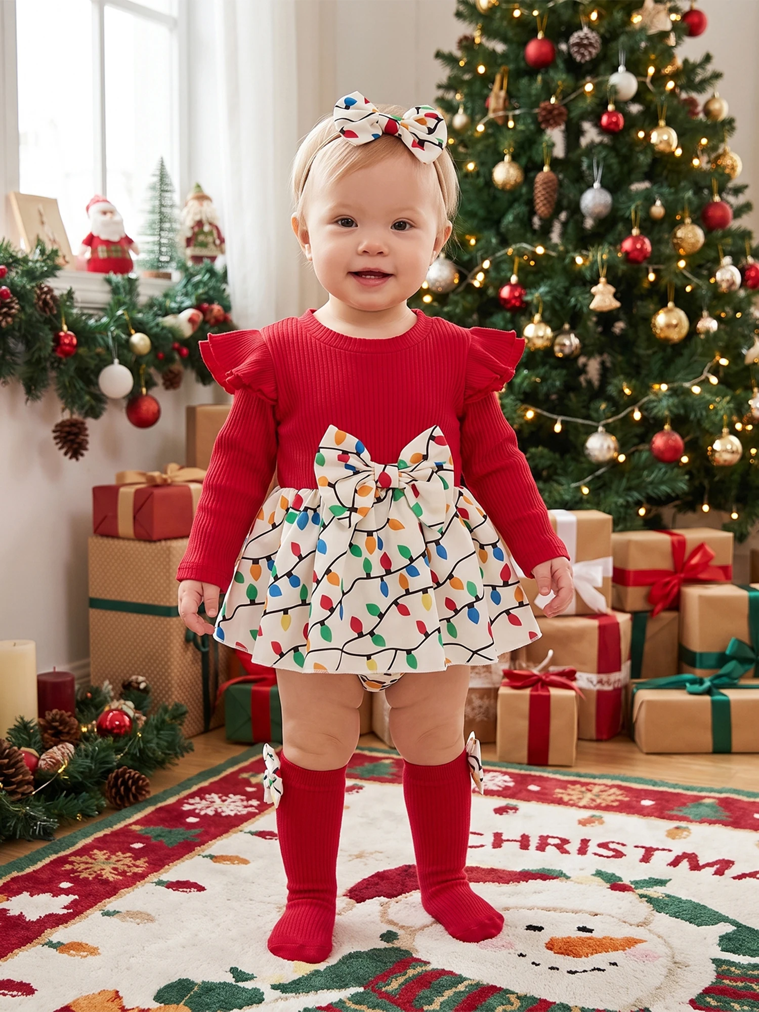 Dress String Lights Print Romper Dress Sleeve Long Sleeve Crew Christmas Outfit Print Romper Dress Bow Headband Lightweight