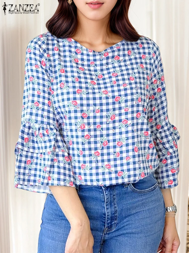 ZANZEA Damskie Bluzki z Falbankami Vintage Krata Krótki Rękaw Letnie Bluzki Boho Bluzki 2025 Oversize Luźne Bluzki z Nadrukiem