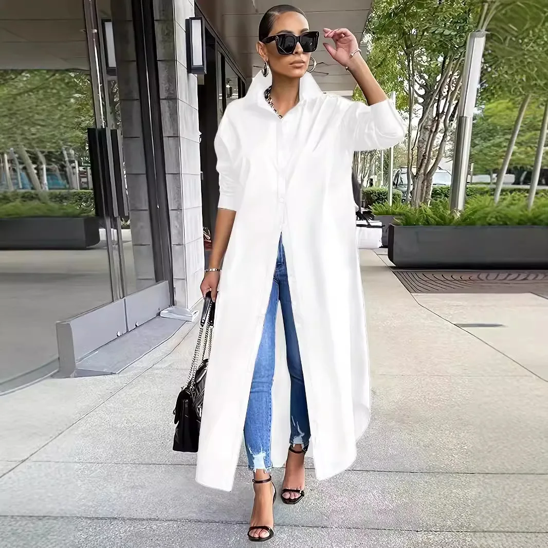 

Womens Dress European and American New Fashion Casual Solid Color Loose Long Sleeved Shirt Skirt Stylish and Versatile