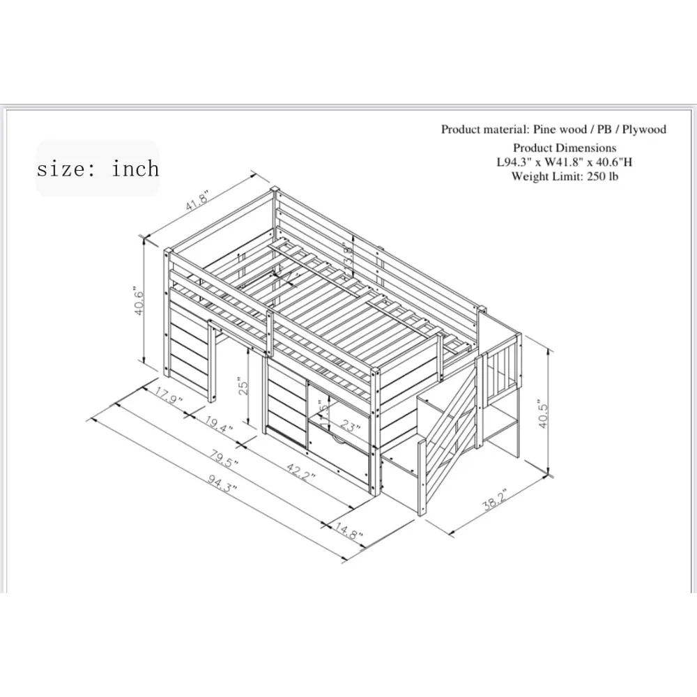 Low Loft Bed Twin Size with Stairs, Twin Size Loft Bed with Storage Cabinets, Wooden Study Lofts Beds Frame,No Box Spring Needed