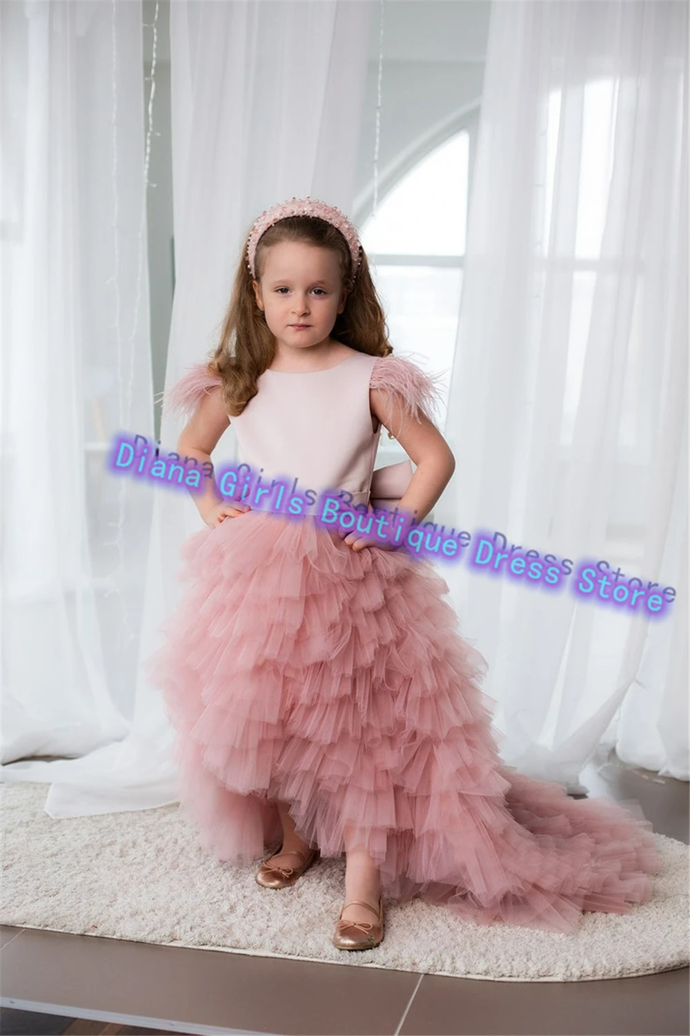 Lovely Flower Girl Dress Pink Tulle Puffy with Bow for Little Baby Princess Kids Wedding Birthday Party Ball Customise Gowns