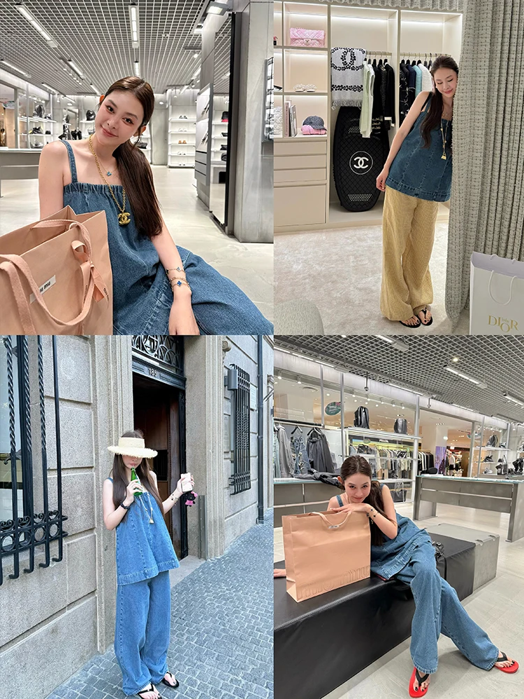 

Женский джинсовый комплект свободного кроя Tingtings: новая коллекция для ранней осени, повседневный спортивный костюм-двойка из хлопка, топ без рукавов