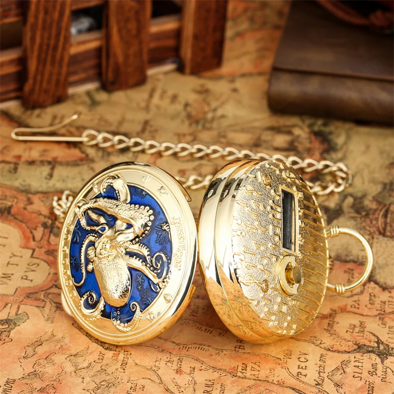 Antike Bronze-Taschenuhr mit Oktopus-Prägung und Quarzwerk, die das Lied „Castle in the Sky“ spielt – Detail 8