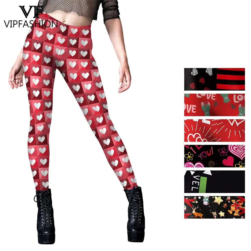 VIP FASHION Women Elasticity Leggings Valentines Day Love Heart Stripe Print Ladies Sport High Waist Workout Pant Female Leggins