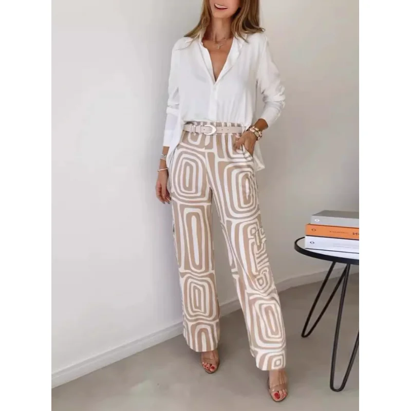 2024Summer Europe and America Cross Border Women's Casual Long-Sleeved Lapel Shirt+Printed Wide-Leg Pants Suit