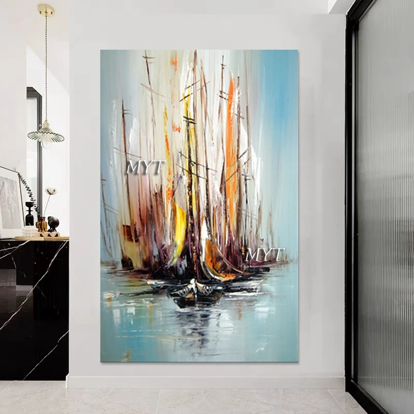 

Contemporary Paintings Boats Abstract Acrylic Artwork Frameless Wall Art Picture Canvas Roll Decoration Valentine's Day Gift