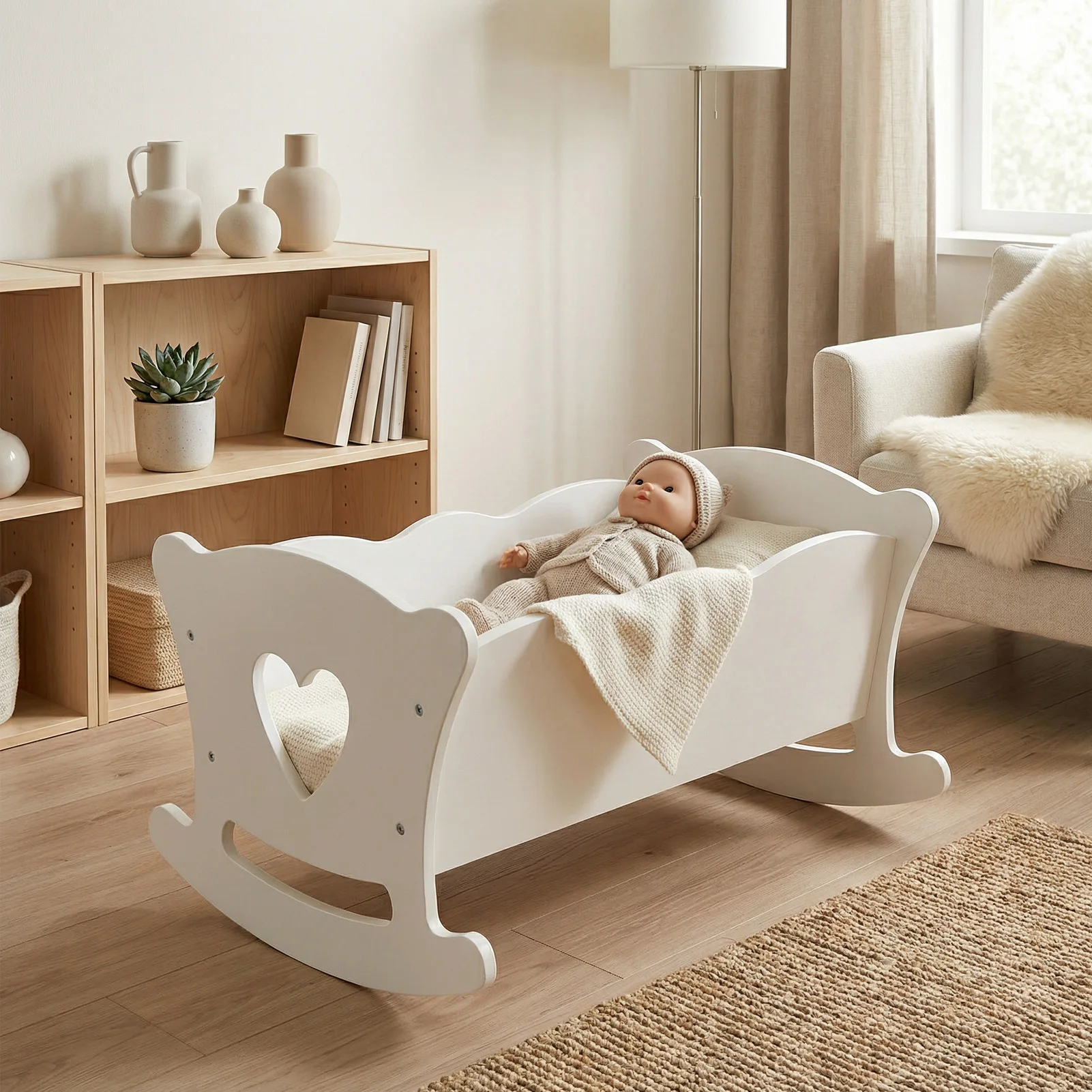 NOVO Brinquedo de Madeira para Bonecas, Berço de Boneca de Madeira com Conjunto de Roupa de Cama Rosa para Bonecas de até 20 Polegadas