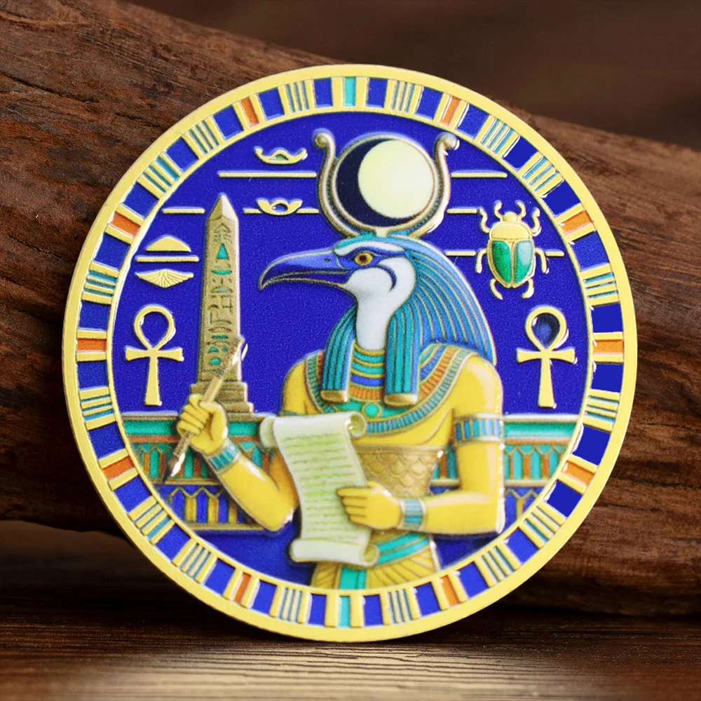Moneda Conmemorativa de Mitología Egipcia con Patrón de Thoth, Ibis y Halcón de Horus, Esmalte Colorido, Pirámide, Moneda Coleccionable, Decoración para el Hogar, Regalo