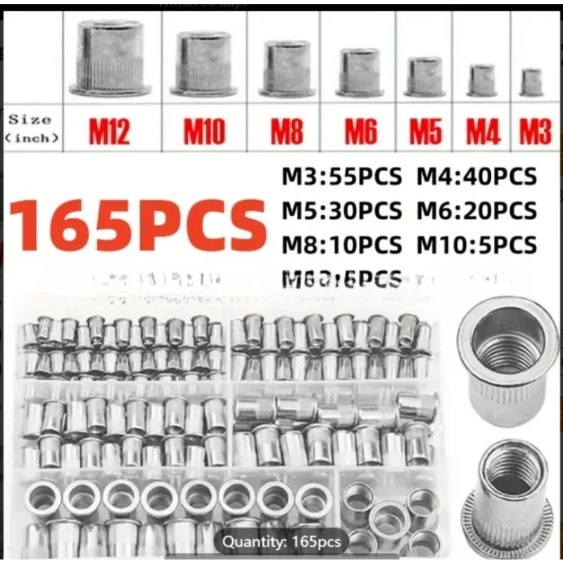 150Pcs/165pcs/230pcs Boxed Riveting Nut Color Zinc Plated American Riveting Nut Riveting Nut Set