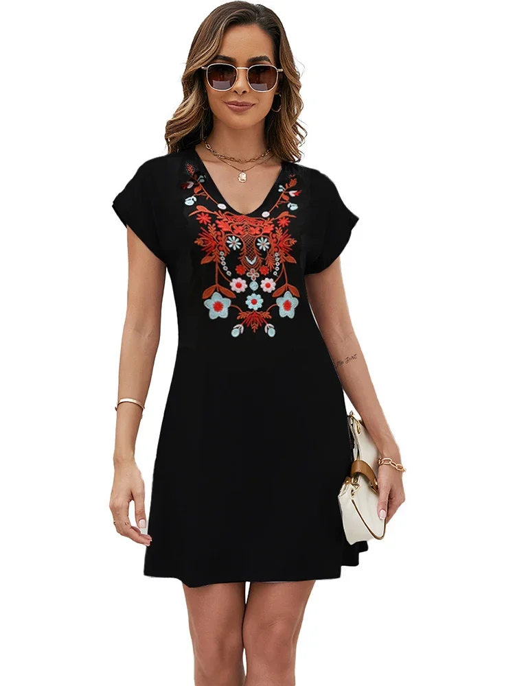 KHALEE YOSE Boho Floral EmbroideryTunic Dress Black Summer Short Sleeve V Neck Women 2xxl 3xXL Vintage T Shirt Dress Vestidos