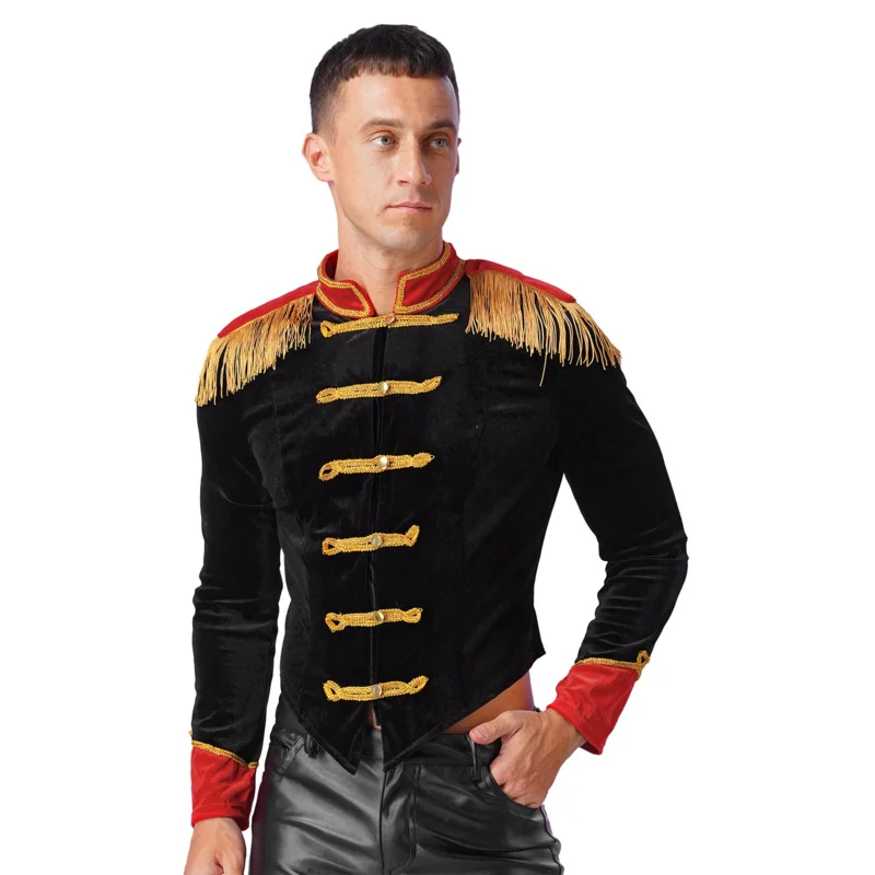 Costume da direttore di circo da uomo, uniforme, costume da showman di Halloween, costume cosplay, colletto alla coreana, giacca in velluto con frange