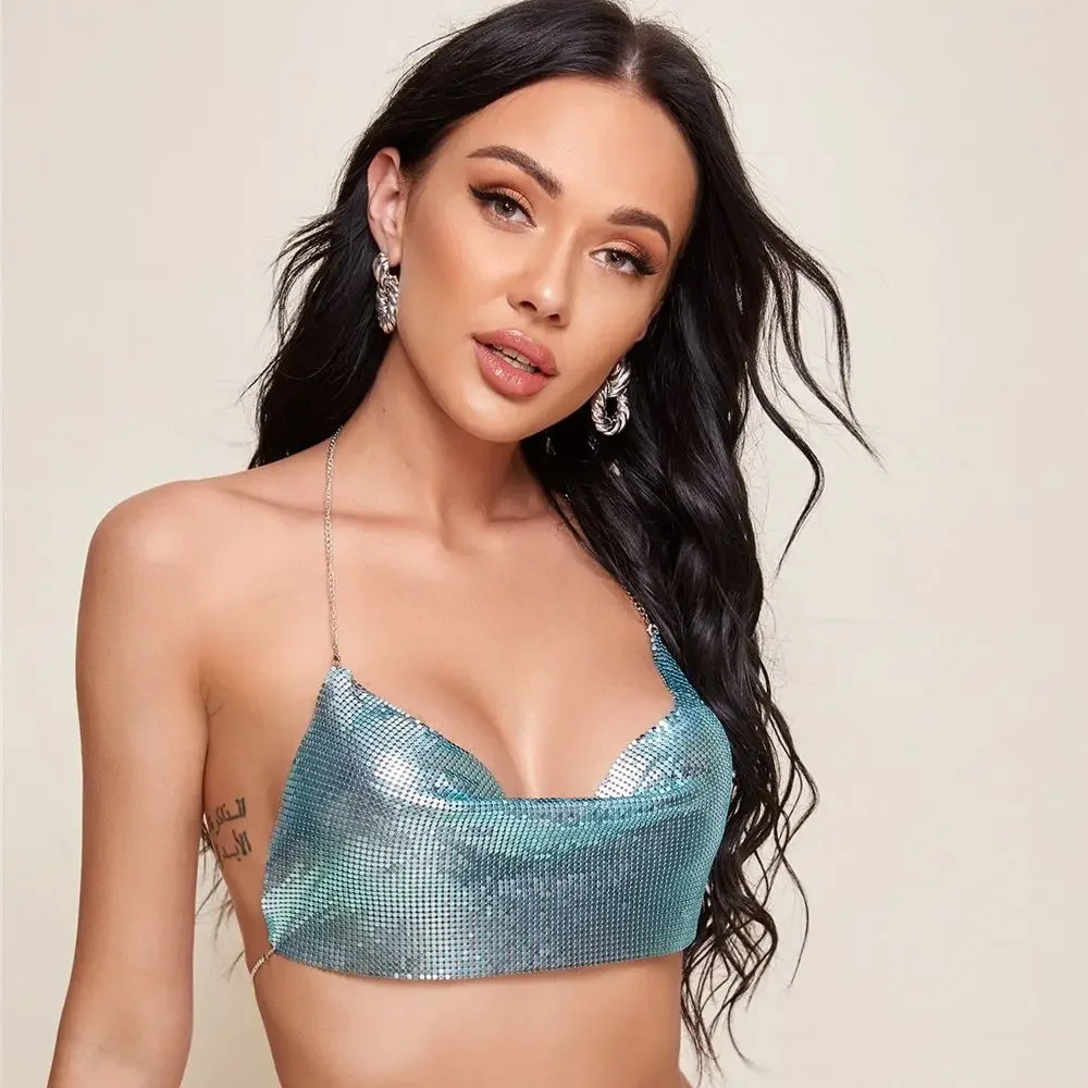 

New Sexy Metal Metallic Crop Top Women Beach Halter Corset Tops Glitter Backless Party Club Tank Top Clothes Top Camisole Croppe